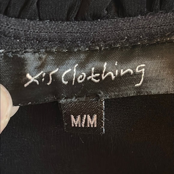 Black Ruffled Rosette Neck Asymmetrical 3/4 Sleeve Top, made in Canada, size M - Picture 3 of 5